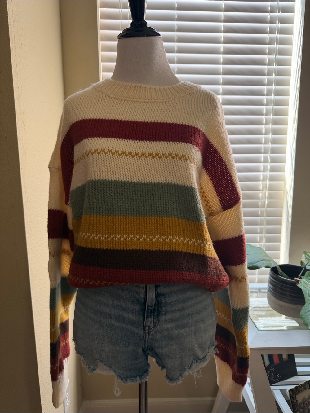 Striped Crewneck Sweater in Cream, Mustard & Burgundy